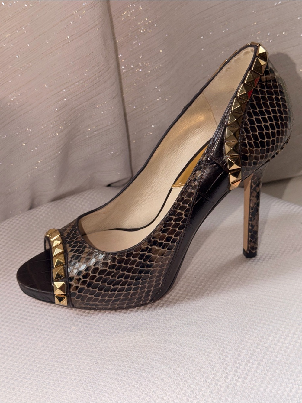 Michael Kors Brown Snake-Print Studded Peep Toe Heel